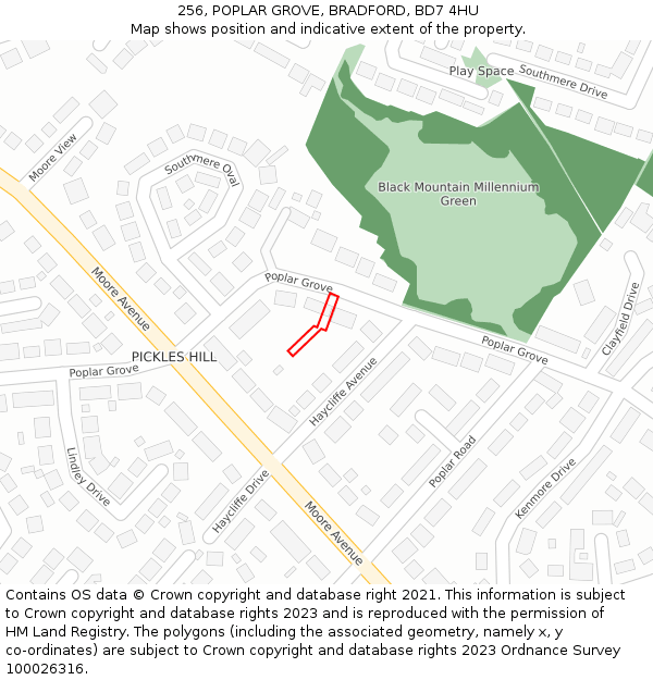 256, POPLAR GROVE, BRADFORD, BD7 4HU: Location map and indicative extent of plot