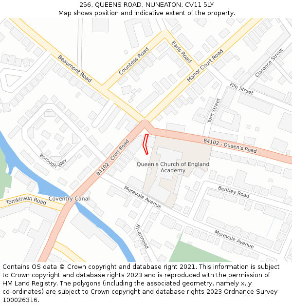 256, QUEENS ROAD, NUNEATON, CV11 5LY: Location map and indicative extent of plot