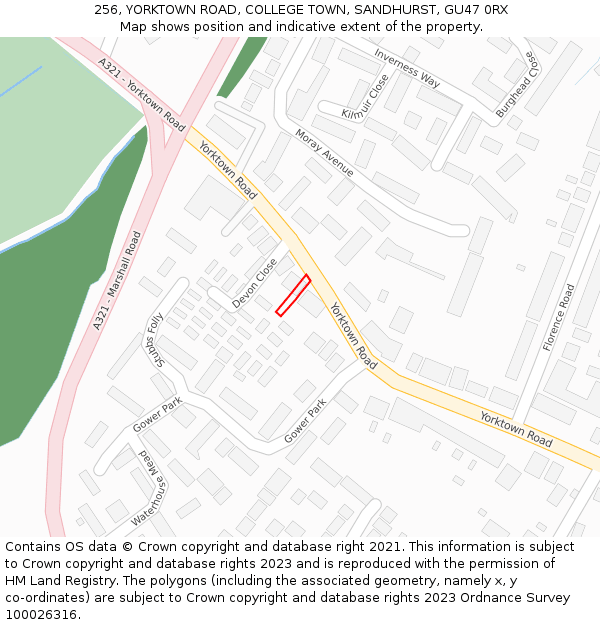 256, YORKTOWN ROAD, COLLEGE TOWN, SANDHURST, GU47 0RX: Location map and indicative extent of plot