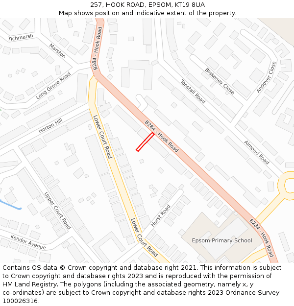 257, HOOK ROAD, EPSOM, KT19 8UA: Location map and indicative extent of plot