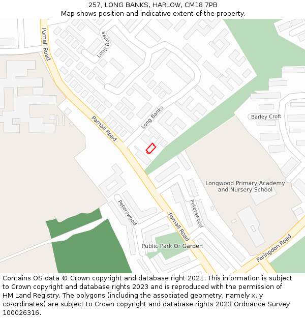 257, LONG BANKS, HARLOW, CM18 7PB: Location map and indicative extent of plot