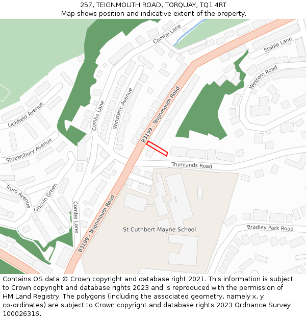 257, TEIGNMOUTH ROAD, TORQUAY, TQ1 4RT: Location map and indicative extent of plot