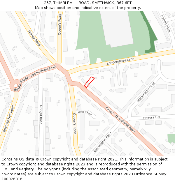 257, THIMBLEMILL ROAD, SMETHWICK, B67 6PT: Location map and indicative extent of plot