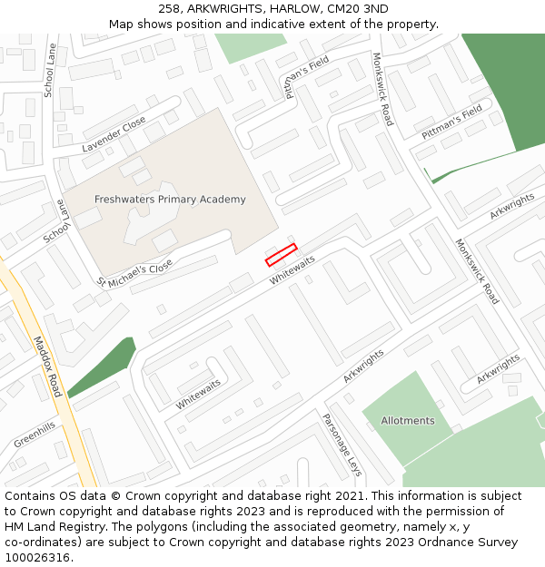 258, ARKWRIGHTS, HARLOW, CM20 3ND: Location map and indicative extent of plot