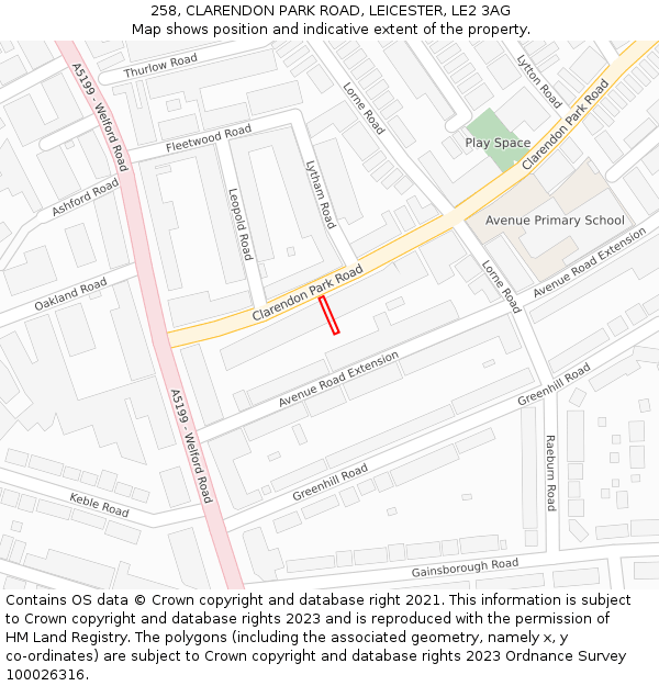 258, CLARENDON PARK ROAD, LEICESTER, LE2 3AG: Location map and indicative extent of plot