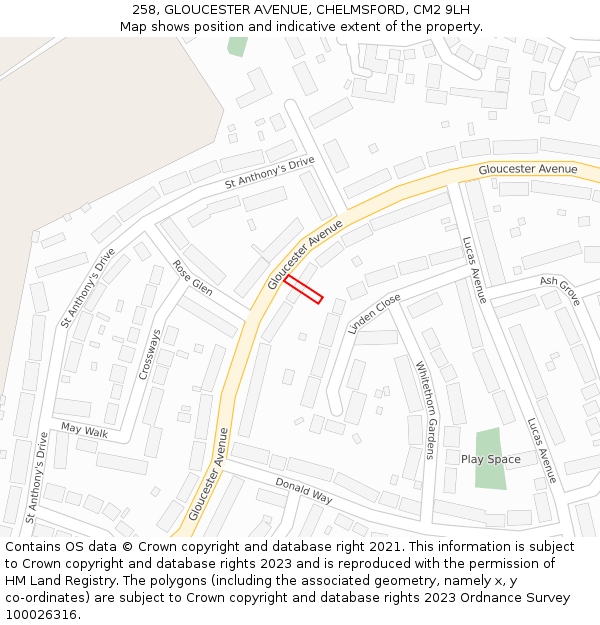 258, GLOUCESTER AVENUE, CHELMSFORD, CM2 9LH: Location map and indicative extent of plot