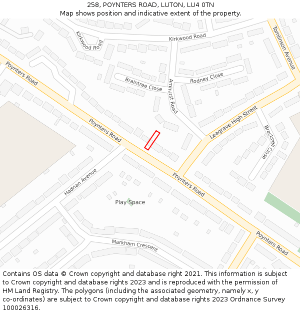 258, POYNTERS ROAD, LUTON, LU4 0TN: Location map and indicative extent of plot