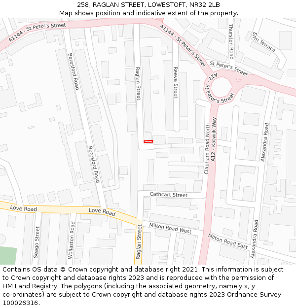 258, RAGLAN STREET, LOWESTOFT, NR32 2LB: Location map and indicative extent of plot