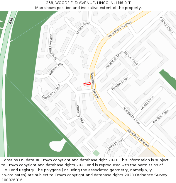 258, WOODFIELD AVENUE, LINCOLN, LN6 0LT: Location map and indicative extent of plot