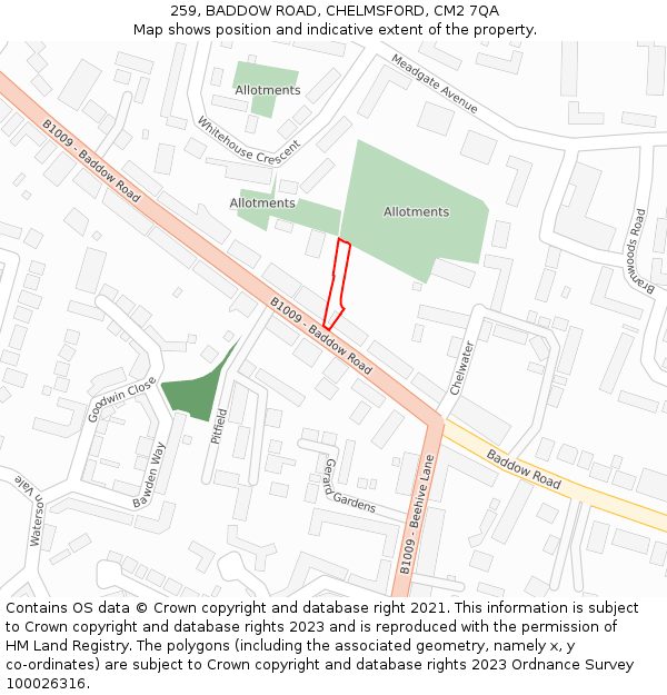 259, BADDOW ROAD, CHELMSFORD, CM2 7QA: Location map and indicative extent of plot