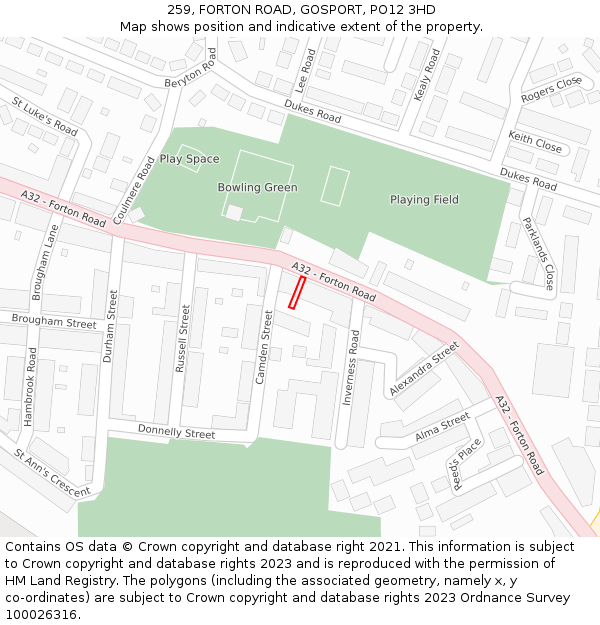 259, FORTON ROAD, GOSPORT, PO12 3HD: Location map and indicative extent of plot