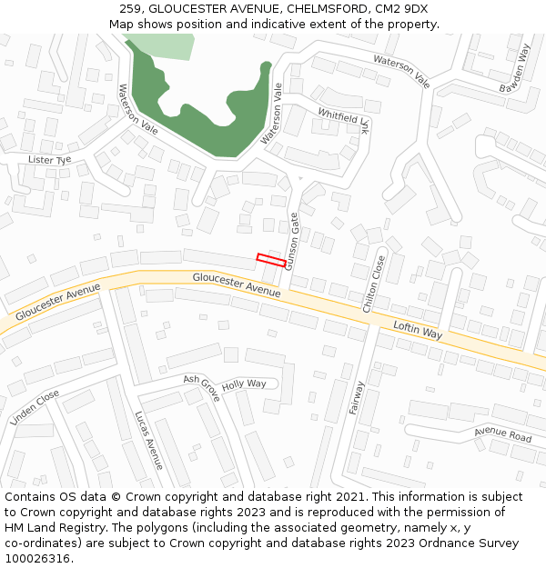 259, GLOUCESTER AVENUE, CHELMSFORD, CM2 9DX: Location map and indicative extent of plot