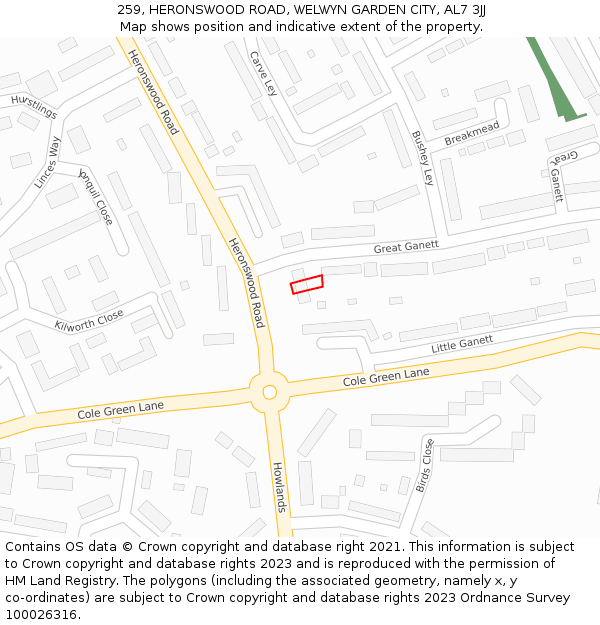 259, HERONSWOOD ROAD, WELWYN GARDEN CITY, AL7 3JJ: Location map and indicative extent of plot