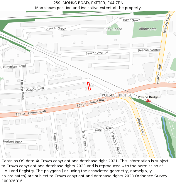 259, MONKS ROAD, EXETER, EX4 7BN: Location map and indicative extent of plot