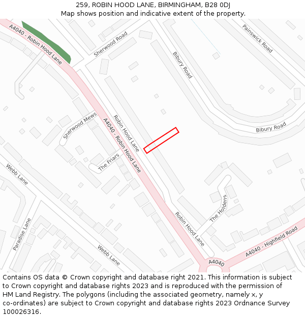 259, ROBIN HOOD LANE, BIRMINGHAM, B28 0DJ: Location map and indicative extent of plot