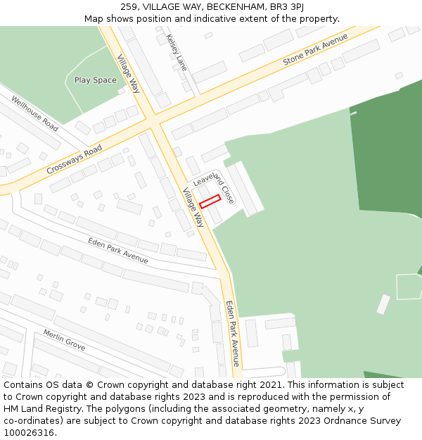 259, VILLAGE WAY, BECKENHAM, BR3 3PJ: Location map and indicative extent of plot
