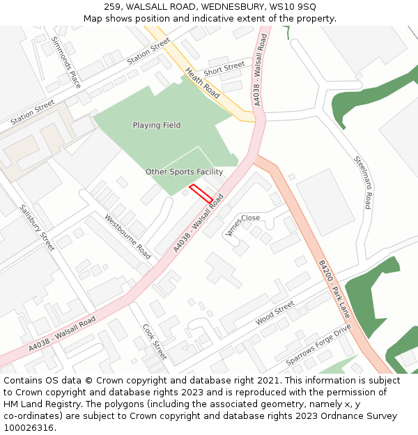 259, WALSALL ROAD, WEDNESBURY, WS10 9SQ: Location map and indicative extent of plot