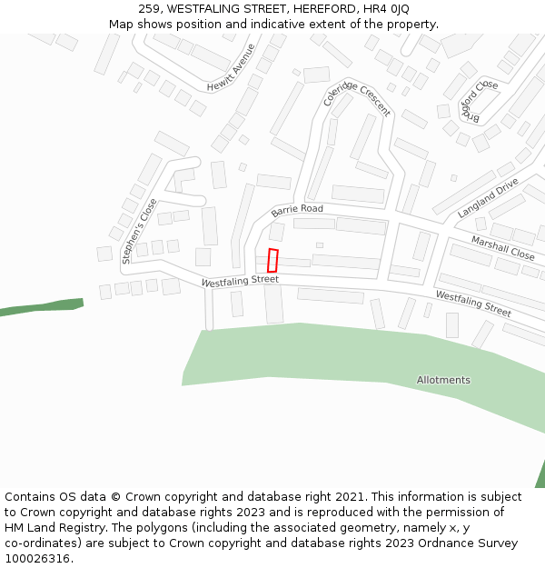 259, WESTFALING STREET, HEREFORD, HR4 0JQ: Location map and indicative extent of plot
