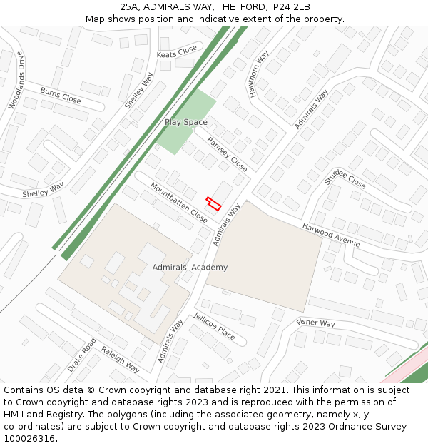 25A, ADMIRALS WAY, THETFORD, IP24 2LB: Location map and indicative extent of plot