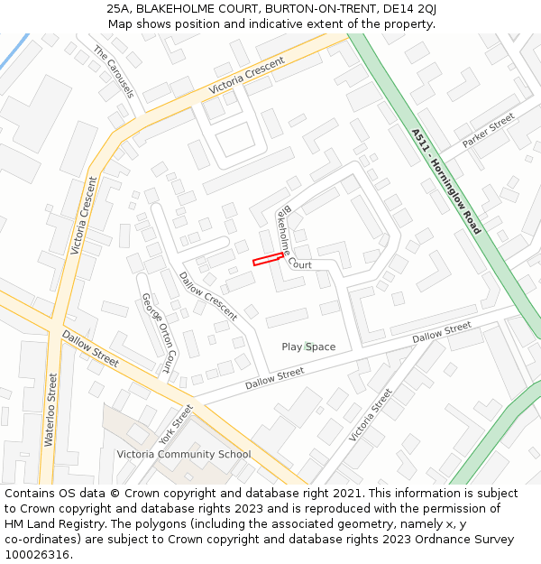 25A, BLAKEHOLME COURT, BURTON-ON-TRENT, DE14 2QJ: Location map and indicative extent of plot