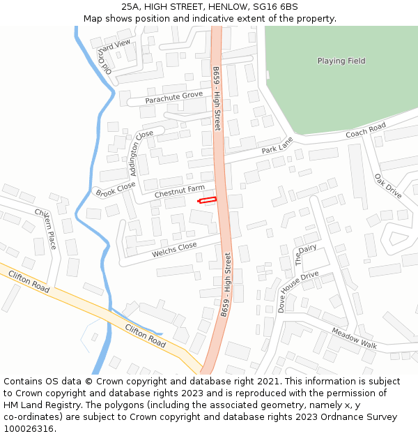 25A, HIGH STREET, HENLOW, SG16 6BS: Location map and indicative extent of plot
