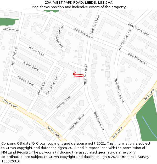 25A, WEST PARK ROAD, LEEDS, LS8 2HA: Location map and indicative extent of plot