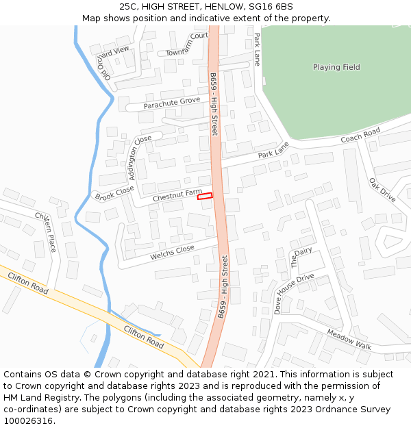 25C, HIGH STREET, HENLOW, SG16 6BS: Location map and indicative extent of plot