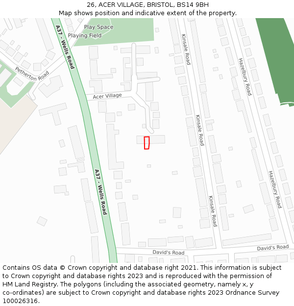 26, ACER VILLAGE, BRISTOL, BS14 9BH: Location map and indicative extent of plot