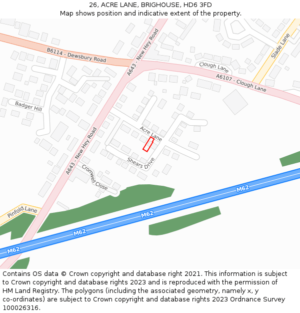 26, ACRE LANE, BRIGHOUSE, HD6 3FD: Location map and indicative extent of plot