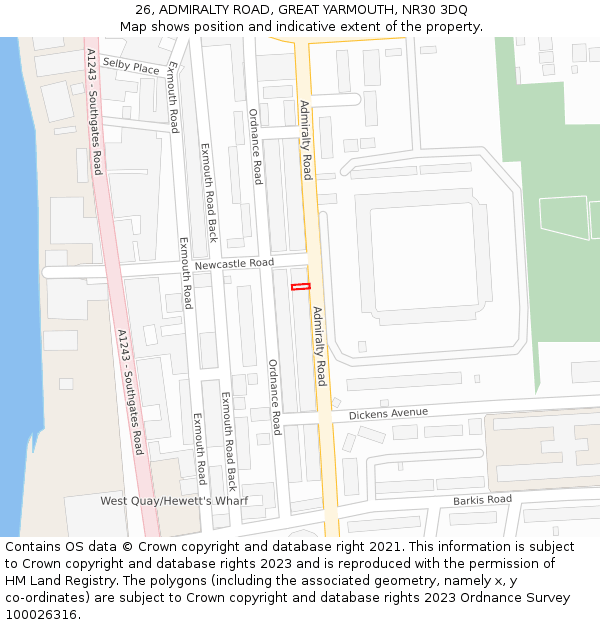 26, ADMIRALTY ROAD, GREAT YARMOUTH, NR30 3DQ: Location map and indicative extent of plot