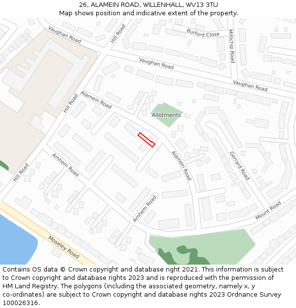 26, ALAMEIN ROAD, WILLENHALL, WV13 3TU: Location map and indicative extent of plot