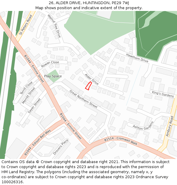 26, ALDER DRIVE, HUNTINGDON, PE29 7WJ: Location map and indicative extent of plot