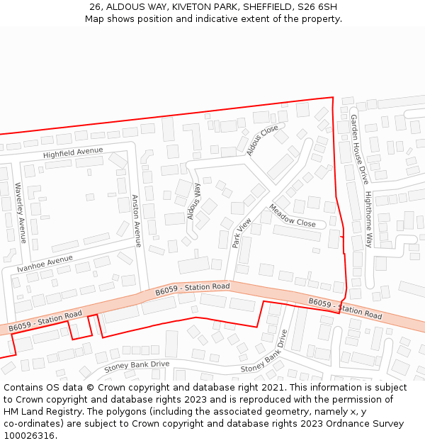 26, ALDOUS WAY, KIVETON PARK, SHEFFIELD, S26 6SH: Location map and indicative extent of plot