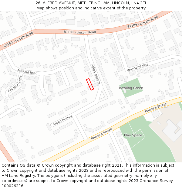 26, ALFRED AVENUE, METHERINGHAM, LINCOLN, LN4 3EL: Location map and indicative extent of plot