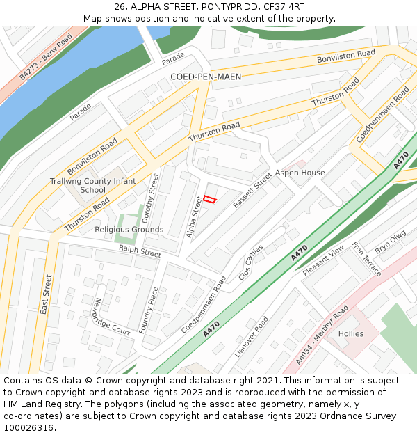 26, ALPHA STREET, PONTYPRIDD, CF37 4RT: Location map and indicative extent of plot