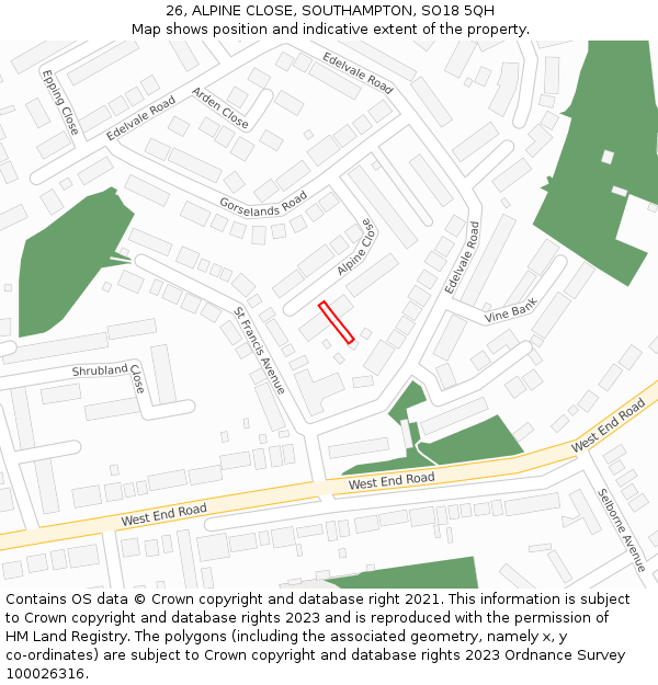 26, ALPINE CLOSE, SOUTHAMPTON, SO18 5QH: Location map and indicative extent of plot