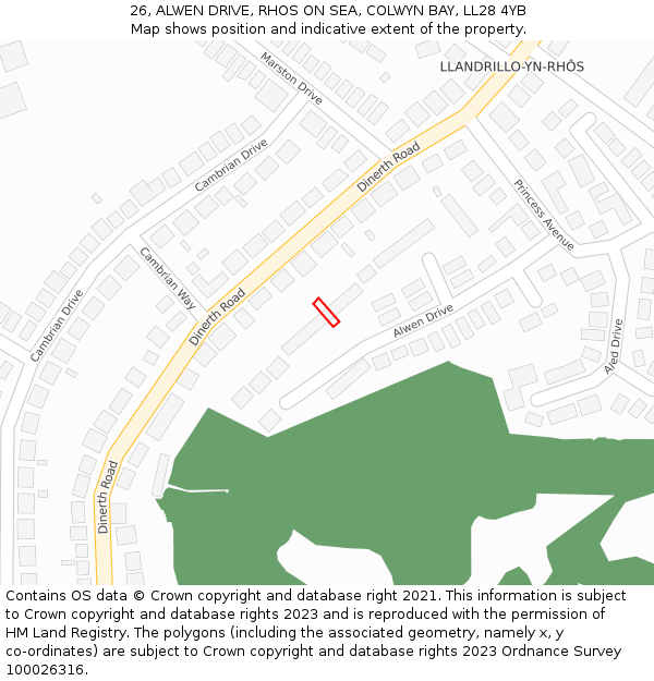 26, ALWEN DRIVE, RHOS ON SEA, COLWYN BAY, LL28 4YB: Location map and indicative extent of plot