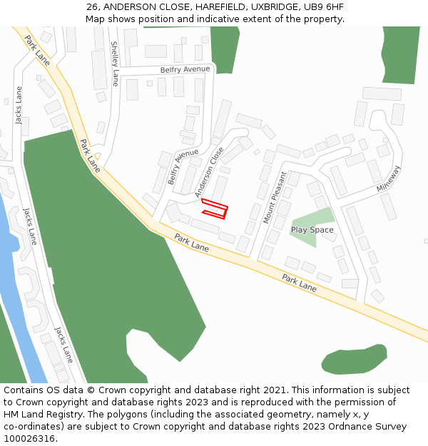 26, ANDERSON CLOSE, HAREFIELD, UXBRIDGE, UB9 6HF: Location map and indicative extent of plot