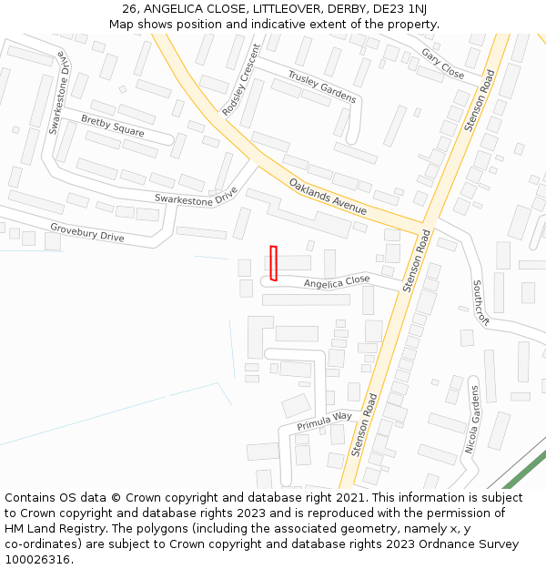 26, ANGELICA CLOSE, LITTLEOVER, DERBY, DE23 1NJ: Location map and indicative extent of plot
