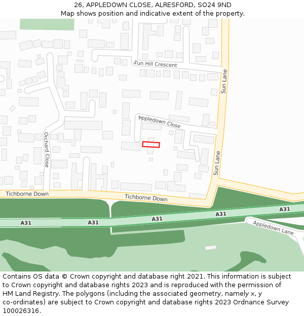 26, APPLEDOWN CLOSE, ALRESFORD, SO24 9ND: Location map and indicative extent of plot
