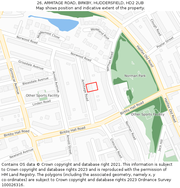 26, ARMITAGE ROAD, BIRKBY, HUDDERSFIELD, HD2 2UB: Location map and indicative extent of plot
