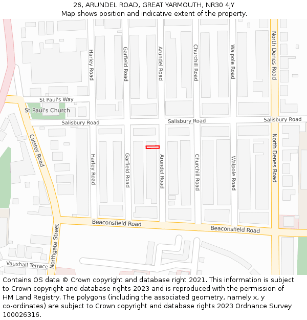26, ARUNDEL ROAD, GREAT YARMOUTH, NR30 4JY: Location map and indicative extent of plot