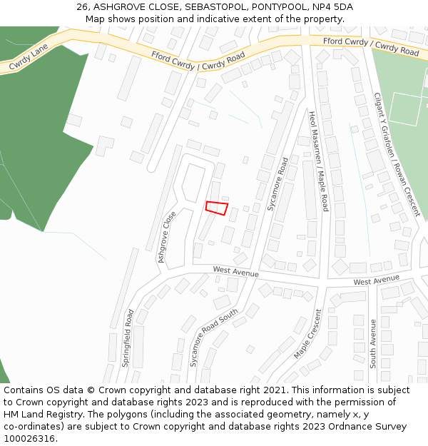 26, ASHGROVE CLOSE, SEBASTOPOL, PONTYPOOL, NP4 5DA: Location map and indicative extent of plot