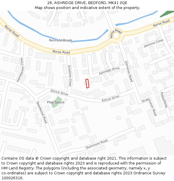 26, ASHRIDGE DRIVE, BEDFORD, MK41 0QE: Location map and indicative extent of plot