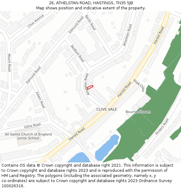 26, ATHELSTAN ROAD, HASTINGS, TN35 5JB: Location map and indicative extent of plot