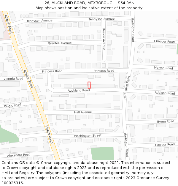 26, AUCKLAND ROAD, MEXBOROUGH, S64 0AN: Location map and indicative extent of plot