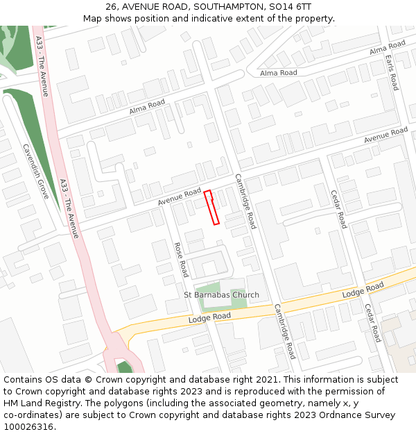 26, AVENUE ROAD, SOUTHAMPTON, SO14 6TT: Location map and indicative extent of plot