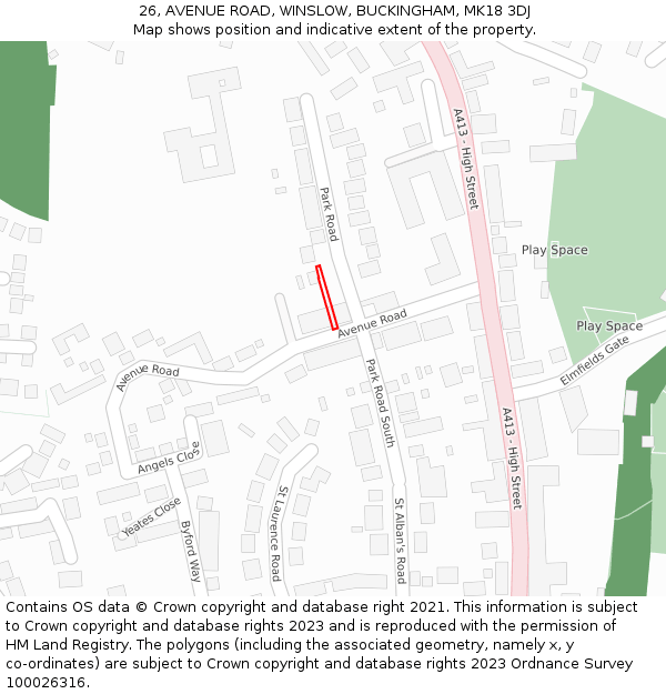 26, AVENUE ROAD, WINSLOW, BUCKINGHAM, MK18 3DJ: Location map and indicative extent of plot