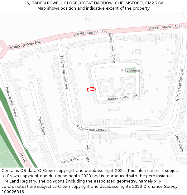 26, BADEN POWELL CLOSE, GREAT BADDOW, CHELMSFORD, CM2 7GA: Location map and indicative extent of plot