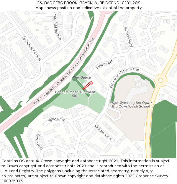 26, BADGERS BROOK, BRACKLA, BRIDGEND, CF31 2QS: Location map and indicative extent of plot